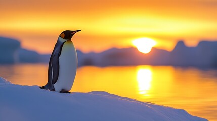 Fototapeta premium Emperor Penguin on Antarctic Ice at Sunset with Vibrant Orange and Yellow Skies : Generative AI