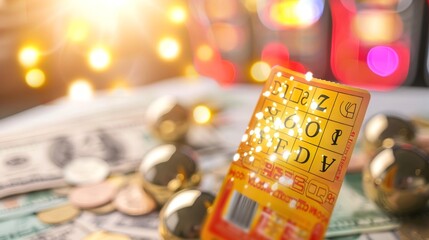 Golden lottery ticket with sparkling numbers, surrounded by coins and dollar bills, symbolizing a life-changing jackpot win and the excitement of potential wealth.