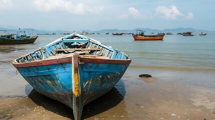 Obraz premium Weathered Blue Fishing Boat on Sandy Shoreline with Distant Boats and Cloudy Sky : Generative AI