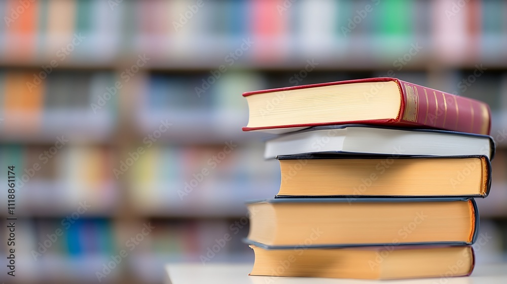 Poster Stack of books in a library setting symbolizes knowledge and education : Generative AI