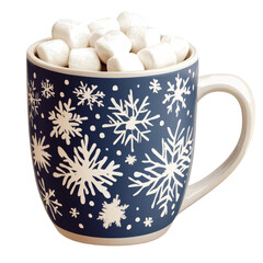 Charming Hot Chocolate Mug with Winter Snowflake Pattern and Fluffy Marshmallows, Isolated on PNG Transparent Background