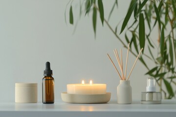 Wellness tools like candles and aromatherapy oils create a calming atmosphere.