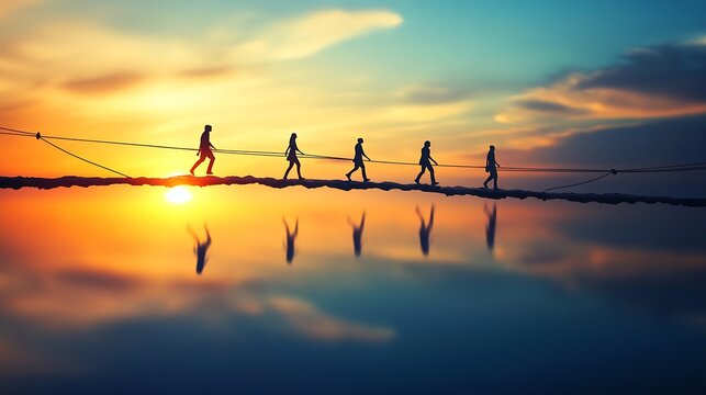 Silhouette of People Walking on Tightrope Against Vibrant Sunset : Generative AI