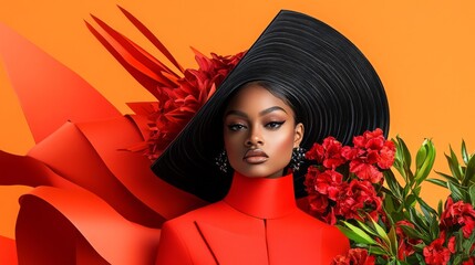 Bold fashion statement featuring a model in vibrant red attire against a bright orange background