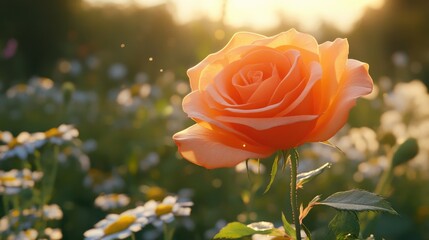 Beautiful Orange Rose in Bloom Surrounded by Greenery and Daisies