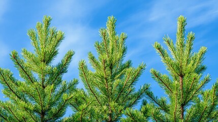Lush Green Pine Tree Tops Against a Clear Blue Sky Background