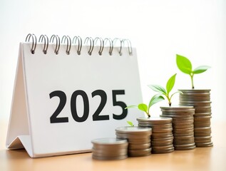 "A 2025 desk calendar placed on a wooden surface next to stacks of coins with small green plants growing from them, symbolizing financial growth, sustainability, and a prosperous new year, set against