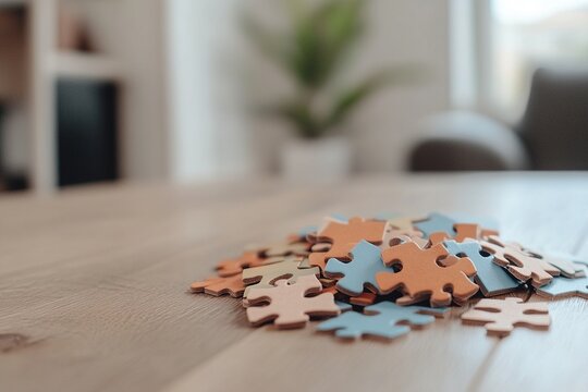 Colorful jigsaw puzzle pieces scattered on a wooden table in a bright indoor space