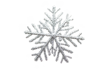 A glittering silver snowflake ornament is beautifully displayed on a white background. Perfect for Christmas, winter celebrations, or festive decor inspiration.