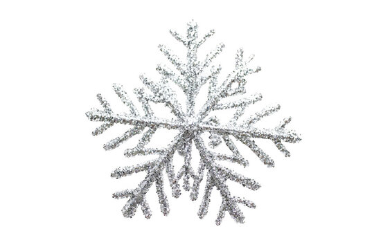 A glittering silver snowflake ornament is beautifully displayed on a white background. Perfect for Christmas, winter celebrations, or festive decor inspiration.