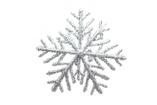 A glittering silver snowflake ornament is beautifully displayed on a white background. Perfect for Christmas, winter celebrations, or festive decor inspiration.