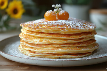 Photo de crêpes dorées empilées et saupoudrées de sucre glace, célébrant la Chandeleur et la tradition gourmande