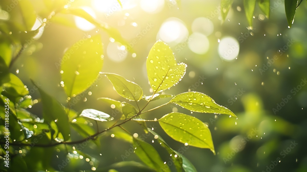 Poster sunlit green leaves with rain droplets in a tranquil forest setting : generative ai
