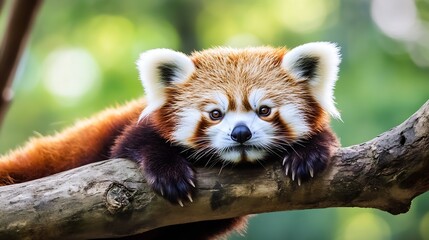 Red Panda Relaxing on Tree Branch with Lush Green Foliage Backdrop : Generative AI