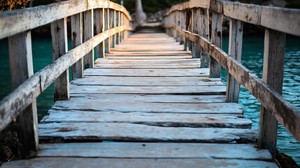 Fototapeta premium Old distressed wooden bridge over turquoise water scenic view with rustic appeal and vibrant colors : Generative AI