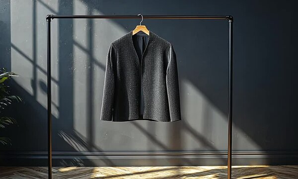 A stylish black jacket hanging on a minimalist rack against a dark wall with shadows.