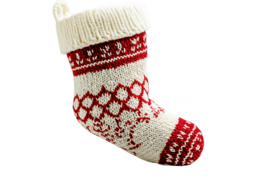 A festive Christmas stocking featuring a red snowflake pattern, perfect for holiday decorations. The stocking's bright colors add warmth and cheer to any Christmas setting.