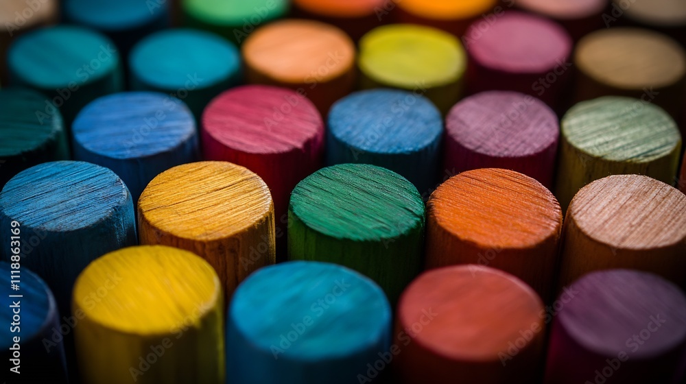 Poster rainbow spectrum of cylindrical colored chalks stacked closely showcasing a palette of vibrant hues 