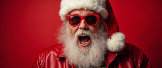 A lively Santa Claus in red sunglasses and hat with an expressive face, set against a red background. Perfect for holiday and festive-themed projects.

