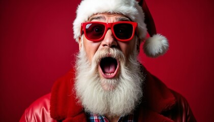 A lively Santa Claus in red sunglasses and hat with an expressive face, set against a red...