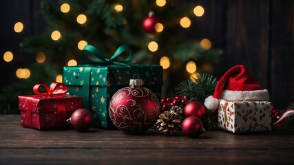 Festive christmas setup with ornaments and gifts