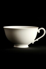 A simple white teacup on a dark background, emphasizing its elegant form.