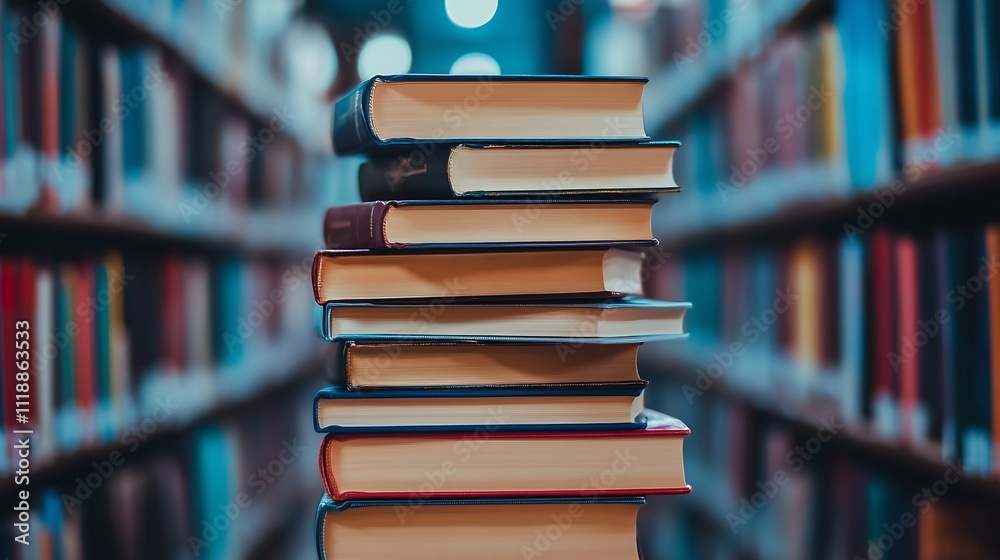Aufkleber stack of books in a traditional library aisle with warm lighting : generative ai