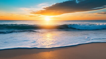 Fototapeta premium Serene Sandy Beach Sunset with Dramatic Clouds and Gentle Waves on Shore : Generative AI