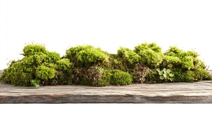 Lush vibrant green moss cluster on weathered wooden slab for rustic naturethemed decor : Generative AI