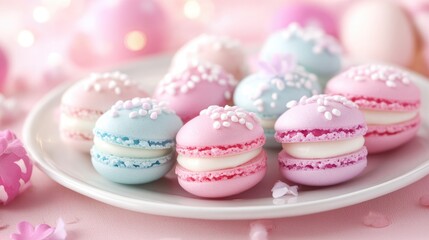 Obraz premium Colorful Macarons on a Plate with Floral Decorations and Soft Focus