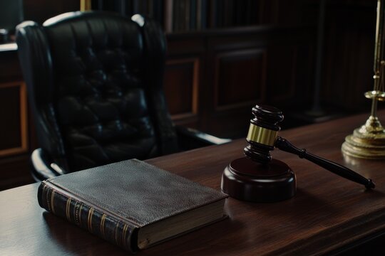 A judge��s gavel rests on a desk next to law books in a professional law office.