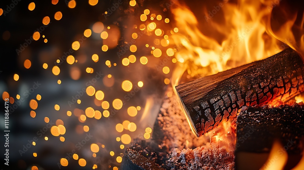 Poster cozy atmosphere with glowing firewood and warm bokeh in rustic fireplace : generative ai