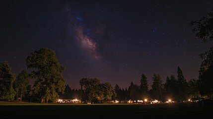 Night Sky Milky Way Over Illuminated Cabins