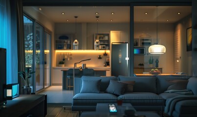 Cozy evening living room with a view of a modern kitchen.