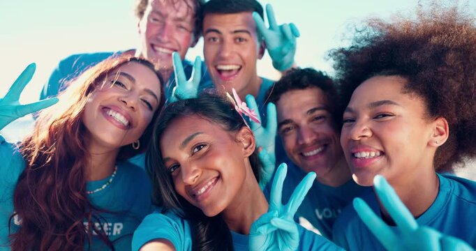 Selfie, volunteer and friends with peace sign, smile and outdoor teamwork together for social responsibility. Nature, climate change and gen z people for recycling, clean up and solidarity at ngo