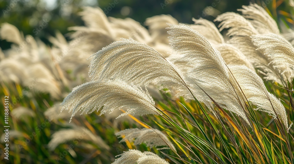 Poster plume grass swaying gracefully in the wind amidst a verdant green field setting : generative ai