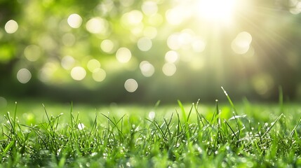 Obraz premium Lush Green Grass with Dew Drops Sparkling in Morning Sunlight Creating Peaceful Natural Setting : Generative AI