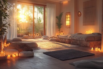 Serene meditation space at sunset indoor room peaceful atmosphere tranquil environment natural light mindfulness concept