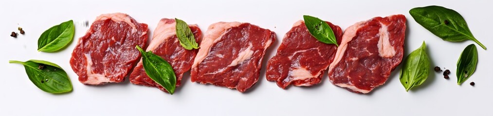 Obraz premium Fresh slices of meat arranged with basil leaves, ideal for culinary presentations.