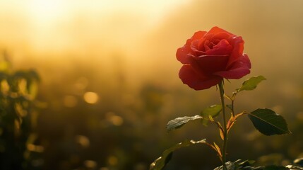 Fototapeta premium Single Red Rose in Soft Morning Light with Gentle Foggy Background