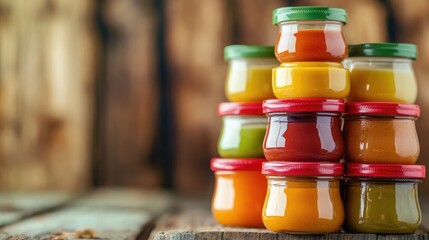 Colorful Jars of Jam and Preserves Stacked on Rustic Wooden Table