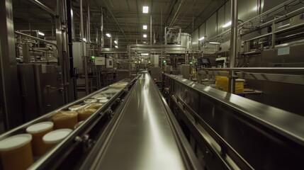 Fototapeta premium Modern Food Production Line with Containers and Machinery in Motion