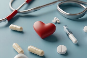 Heart health tools displayed with medication, a stethoscope, and a red heart symbol on a blue surface