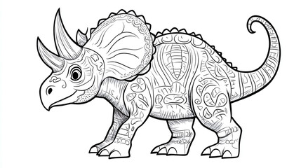 Fototapeta premium Prehistoric triceratops dinosaur coloring, playful page book drawing monster, whimsical doodle print predator outline, cute cartoon ancient, wild creature funny.