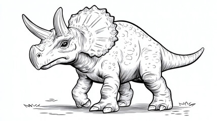Prehistoric triceratops dinosaur coloring, playful page book drawing monster, whimsical doodle print predator outline, cute cartoon ancient, wild creature funny. © Infinity Lens