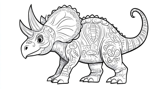 recommend clip art: Prehistoric triceratops dinosaur coloring, playful page book drawing monster, whimsical doodle print predator outline, cute cartoon ancient, wild creature funny.