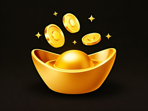 Close up of smooth and luxurious gold ingots, gold coins falling onto the ingots, pure black background, vector, illustration.Chinese characters means abundant of wealth, prosperity and luck