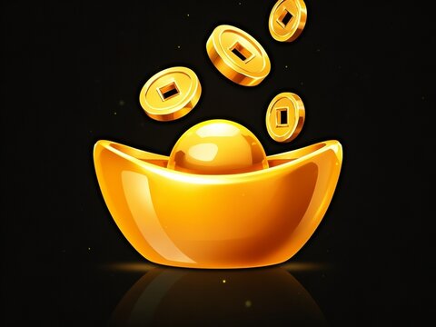 Close up of smooth and luxurious gold ingots, gold coins falling onto the ingots, pure black background, vector, illustration.Chinese characters means abundant of wealth, prosperity and luck