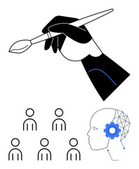 Hand holding brush group of people AI head gears convey creativity, technology, teamwork, innovation, education, human-computer interaction, modern design. Ideal for digital art, collaboration, AI
