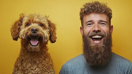 Dog couple and their owner who look hilariously alike, similar expressions. Fun photo of a human and his pet.